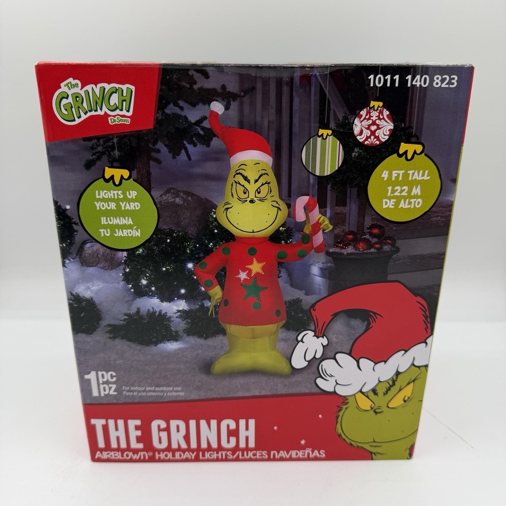 Gemmy Dr Seuss The Grinch Ugly Christmas Sweater Candy Cane 4 Ft Inflatable NEW